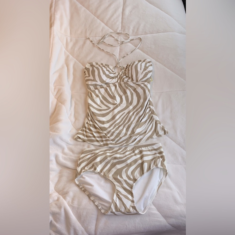 NWT Michael Kors Women Beige White Zebra Print Ring Swimsuit Bikini 2 Piece Set - Picture 2 of 13